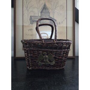 Vintage Wicker Basket with Brass Eagle Emblem Patriotic Americana Folk Decor 50s